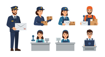Illustration of postal workers and office staff handling mail and packages in various poses.