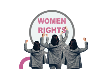 Creative collage picture young businesswomen rise hands protest activists strike rights equality demonstration feminism discrimination