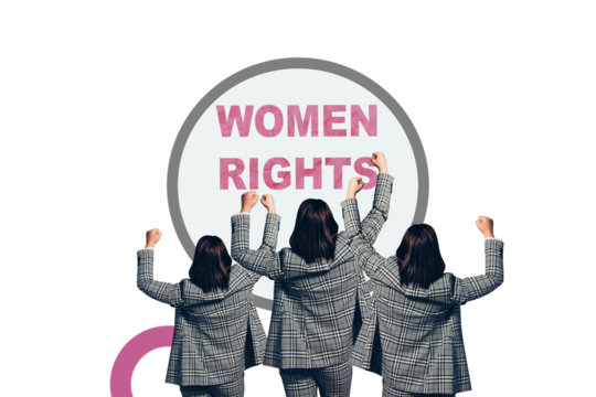 Creative collage picture young businesswomen rise hands protest activists strike rights equality demonstration feminism discrimination