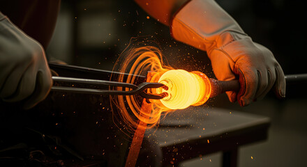 A glassblower's hands using tools to shape a piece of glowing molten glass an action shot of a traditional hot craft with copy space