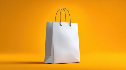 A pristine white shopping bag stands prominently against a vibrant orange backdrop, suggesting retail