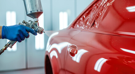A car painter's hands in a clean room using a spray gun to apply a glossy coat of paint an action shot of automotive finishing with copy space