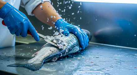 A fishmonger's hands scaling a fish with scales flying everywhere an action shot of fresh seafood preparation with copy space on a wet surface
