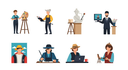 Illustrations of various artists engaged in creative activities, showcasing different art forms and tools.