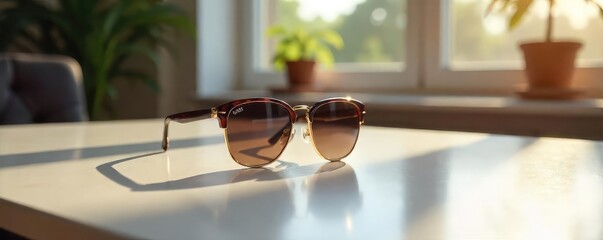 A stylish pair of sunglasses rests on a sleek, modern table indoors, bathed in soft, natural light  The scene evokes a feeling of relaxed sophistication and effortless cool ,  light,  lens