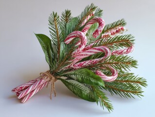 Realistic Candy Cane Bouquet Tied with Pine Leaves for Festive Decor and Holiday Celebrations