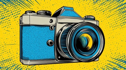Vintage camera illustration pop art style with bold colors and lines