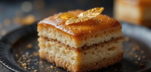 A Close Up of a Glistening Financier with Delicate Gold Leaf Accent   Dark Background