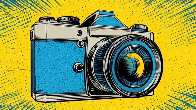 Vintage camera illustration pop art style with bold colors and lines