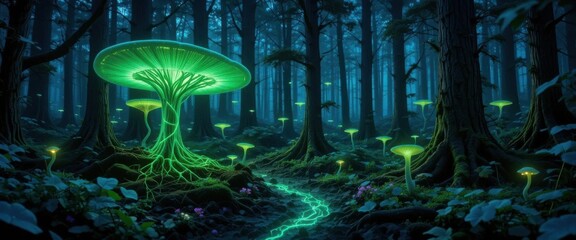A vibrant, 3D render showcasing energy flow through a forest via glowing fungi and interconnected root systems.
