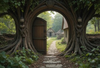 A weathered copper beech reveals a hidden doorway to a forgotten village, depicted in a detailed photorealistic style.