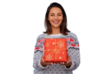 Happy woman in christmas sweater giving a red gift, celebrating holidays, transparent background