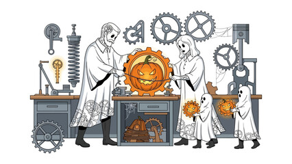 The Halloween Gear: A whimsical illustration of a Halloween-themed machine, complete with spooky ghosts and a glowing pumpkin. 