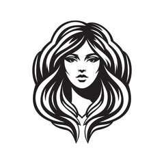 Black and white vector illustration of a beautiful woman with long wavy hair and elegant features. Perfect for beauty salon logos, fashion design, cosmetics branding, tattoo art, and feminine artwork.