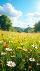A sun-drenched field of wildflowers swaying gently in the breeze, creating a blissful and peaceful summer scene Perfect for projects about joy, serenity, and the beauty of nature , golden, blossom