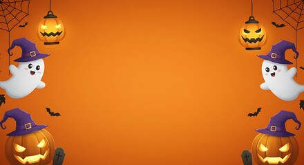 Fototapeta premium Halloween-themed background with glowing jack-o'-lanterns, ghosts wearing witch hats, and bats against an orange backdrop
