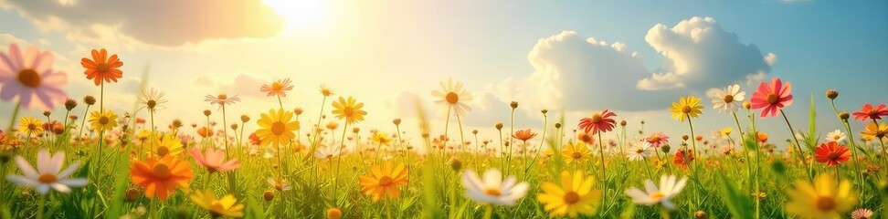 A sun-drenched field of wildflowers swaying gently in the breeze, embodying serenity and joy  Perfect for concepts of peace, contentment, and well-being ,  peaceful scene,  blooming flowers