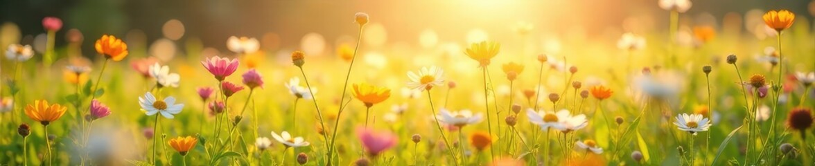 A sun-drenched field of wildflowers swaying gently in the breeze, embodying serenity and joy Perfect for illustrating concepts of contentment, peace, and inner happiness , flowers, joy