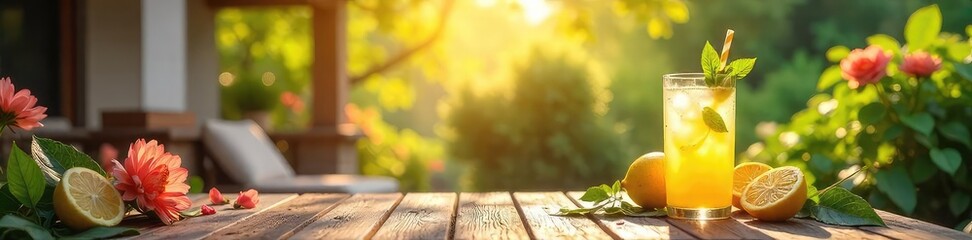 A sun-drenched patio scene, complete with vibrant flowers, refreshing lemonade, and a gentle breeze rustling through leaves Perfect for summer vibes and relaxation imagery , lemonade, idyllic, hot