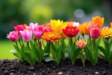 A vibrant arrangement of flowers planted directly into the ground, creating a stunning, naturally blooming bouquet Perfect for garden, floral, and landscaping themes , garden design, blooms