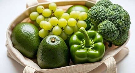 Fresh Green Vegetables and Fruits in Reusable Cotton Bag on White Background
