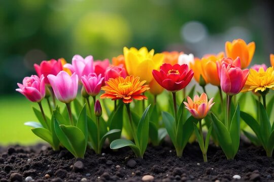 A vibrant arrangement of flowers planted directly into the ground, creating a stunning, naturally blooming bouquet Perfect for garden, floral, and landscaping themes , garden design, blooms