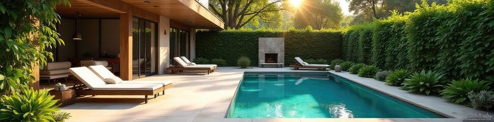 A sun-drenched patio with lush greenery, elegant furniture, and a sparkling pool; the epitome of luxurious and serene outdoor living , plants, resort