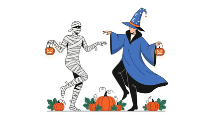 Spooky Halloween Dance: A charming scene of a mummy and wizard, both adorned in festive attire, engaged in a spirited dance alongside Halloween pumpkins.