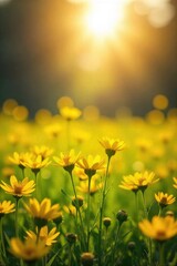 A sunlit field of vibrant yellow wildflowers, bathed in golden light, evokes a sense of sacred peace and spiritual purity The scene radiates warmth and serenity , sunlight, yellow, religious