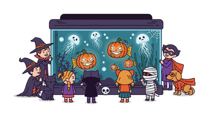 Halloween Aquarium: A whimsical and captivating illustration of children in charming Halloween costumes gathered around an aquarium adorned with pumpkin decorations and ethereal jellyfish.