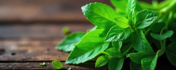 A vibrant bunch of green leafy plants, freshly picked and glistening with dew, displayed against a rustic wooden background Perfect for spring, nature, and healthy living themes , pattern, garden