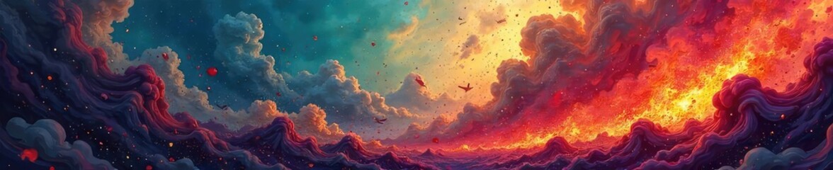A vibrant, chaotic scene depicting swirling colors and abstract shapes, symbolizing the upheaval and transformation inherent in revolutionary change and a life redefined , transformation, fluidity