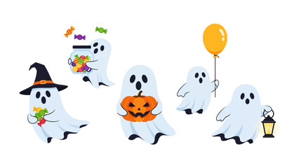 Halloween Ghostly Gathering: A whimsical collection of cartoon ghosts joyfully embody the spirit of Halloween. With charming expressions and playful props.