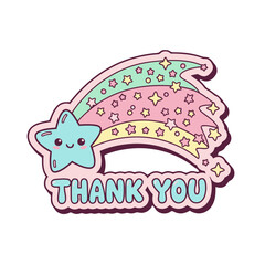 Whimsical shooting star with smiling face and rainbow trail, featuring thank you text, , ideal for thank you notes and expressing appreciation