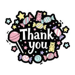 Cute thank you text with colorful candies, lollipops, stars, and teddy bears on, perfect for greeting cards, invitations, or expressing gratitude in fun and playful way
