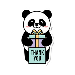 Adorable cartoon panda holding gift box with thank you text, isolated on transparent, ideal for expressing gratitude, appreciation, or sending thank you notes in charming and friendly manner