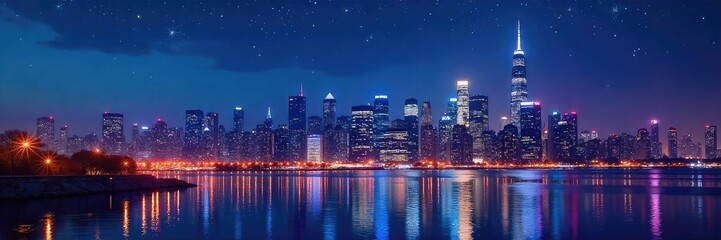 A vibrant city skyline at night, twinkling stars reflecting in the illuminated cityscape, creating a magical atmosphere of urban nightlife , magical, twinkling
