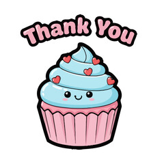 Cute kawaii blue and pink cupcake with happy face and red hearts, text thank you above