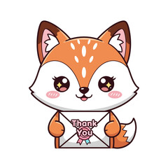 Adorable cartoon fox holding thank you envelope, , ideal for conveying thanks with charming and friendly animal character