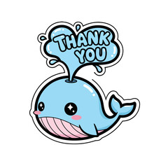 Cute cartoon blue whale with water spout that says thank you, , perfect for expressing gratitude and appreciation in fun and adorable way