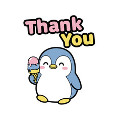 Charming cartoon penguin holding colorful ice cream cone, with thank you text above, , perfect for sweet and delightful expression gratitude