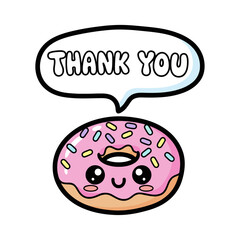 Cute cartoon donut with pink frosting and sprinkles saying thank you in speech bubble