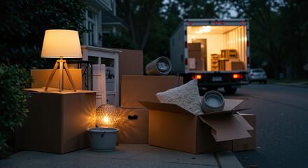 The evening moving scene: an open truck with things, cardboard boxes and other things around it against the background of the street, creating an atmosphere of change and a new beginning.
