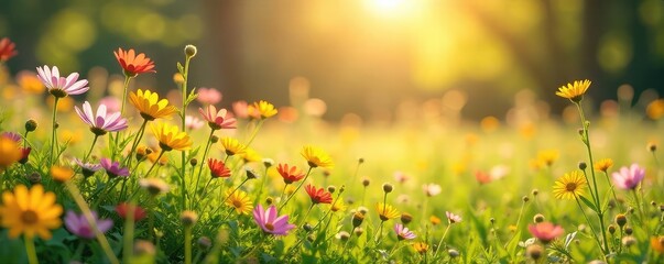 A vibrant family meadow scene, wildflowers in full bloom, bathed in warm sunlight Perfect for illustrating concepts of nature, family, growth, and tranquility , day, togetherness, landscape