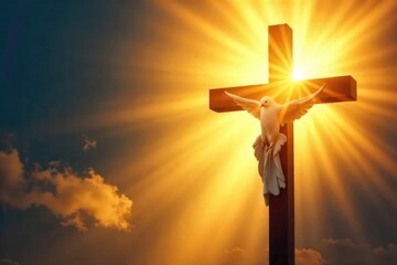 A symbolic image depicting Christian salvation; a dove descending upon a cross, bathed in golden light, signifying hope, peace, and spiritual release from sin , love, spirituality, sacrifice