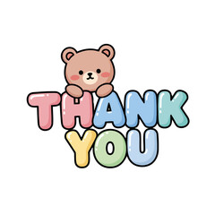 Adorable teddy bear peeking over colorful thank you text, , conveying heartfelt thanks with playful and sweet design, ideal for expressing gratitude in memorable and cheerful manner