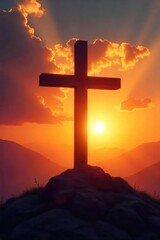 A symbolic image depicting Christian salvation; a cross silhouetted against a bright sunrise, conveying hope, redemption, and new beginnings ,  blessing,  belief