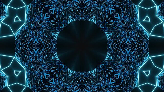 Neon kaleidoscope mandala acid abstract background glowing with octagonal fractal geometry, luminous symmetry evolving into futuristic radiant visual motion formations