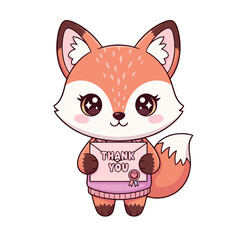 Adorable cartoon fox wearing pink sweater and holding thank you envelope