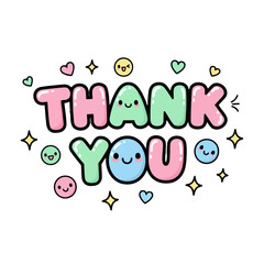 Colorful thank you text with cute smiling faces, hearts, and stars